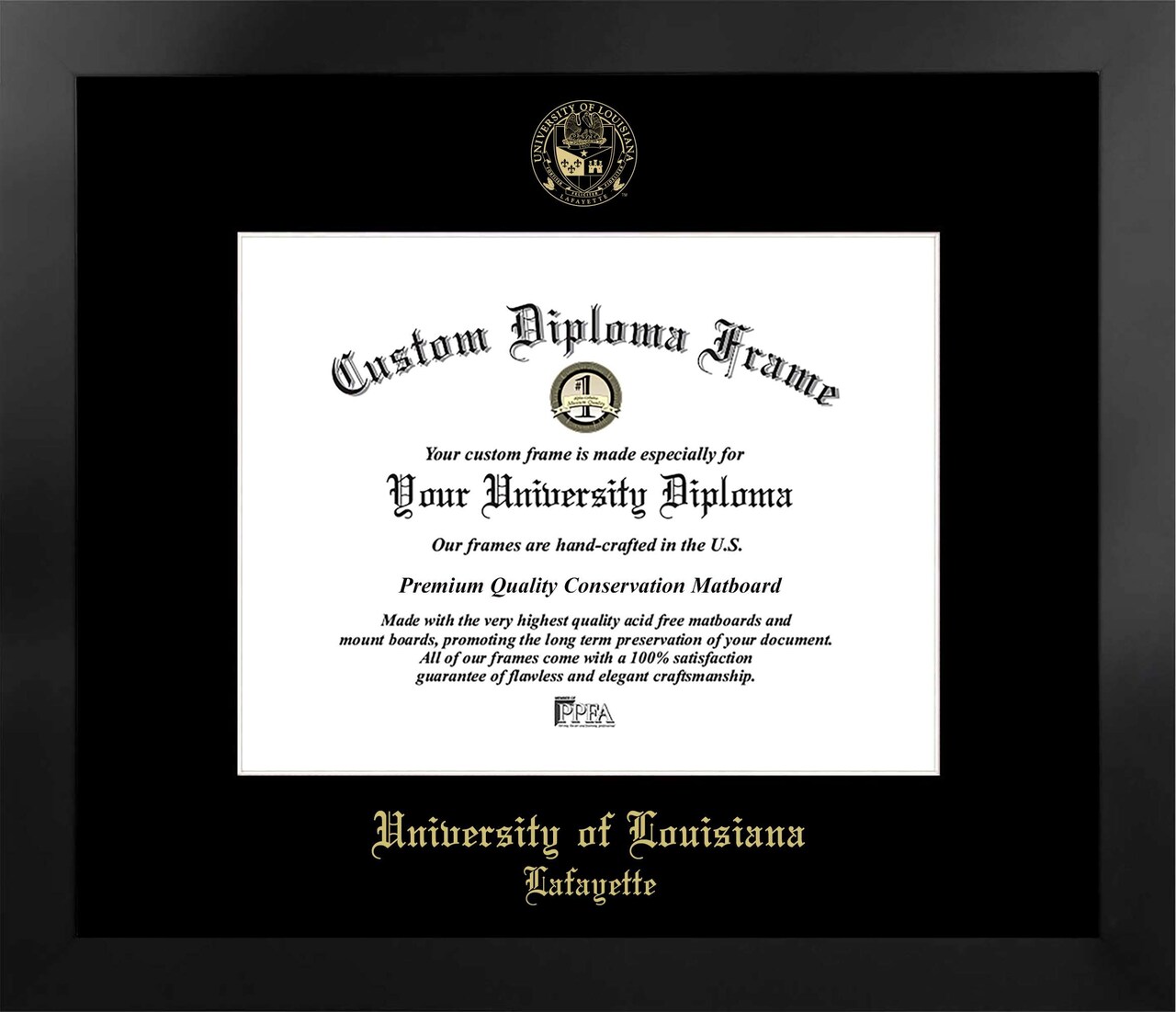 University of Louisiana-Lafayette 11w x 8.5h Manhattan Black Single Mat Gold Embossed Diploma Frame with Bonus Campus Images Lithograph (value savings at $59)